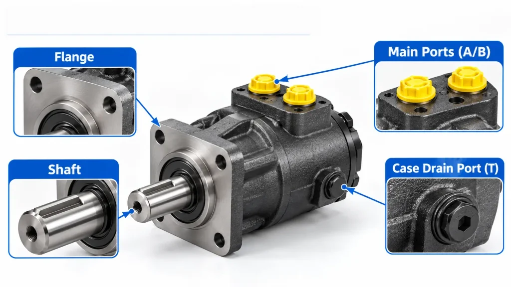 Orbital hydraulic motor shaft flange hydraulic ports and case drain labeled