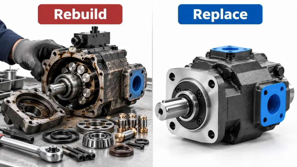 Comparison between rebuilding a worn hydraulic pump and replacing it with a new pump