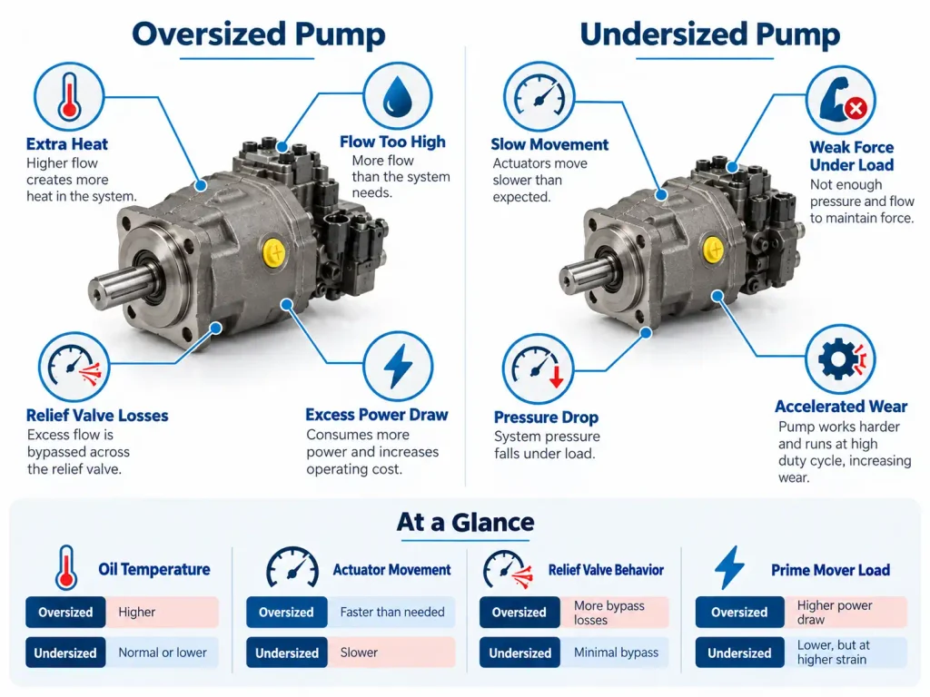 Oversized and undersized hydraulic pump problems comparison
